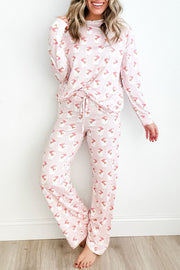 Blush pink Santa stripe lounge set with long sleeves and drawstring pants.