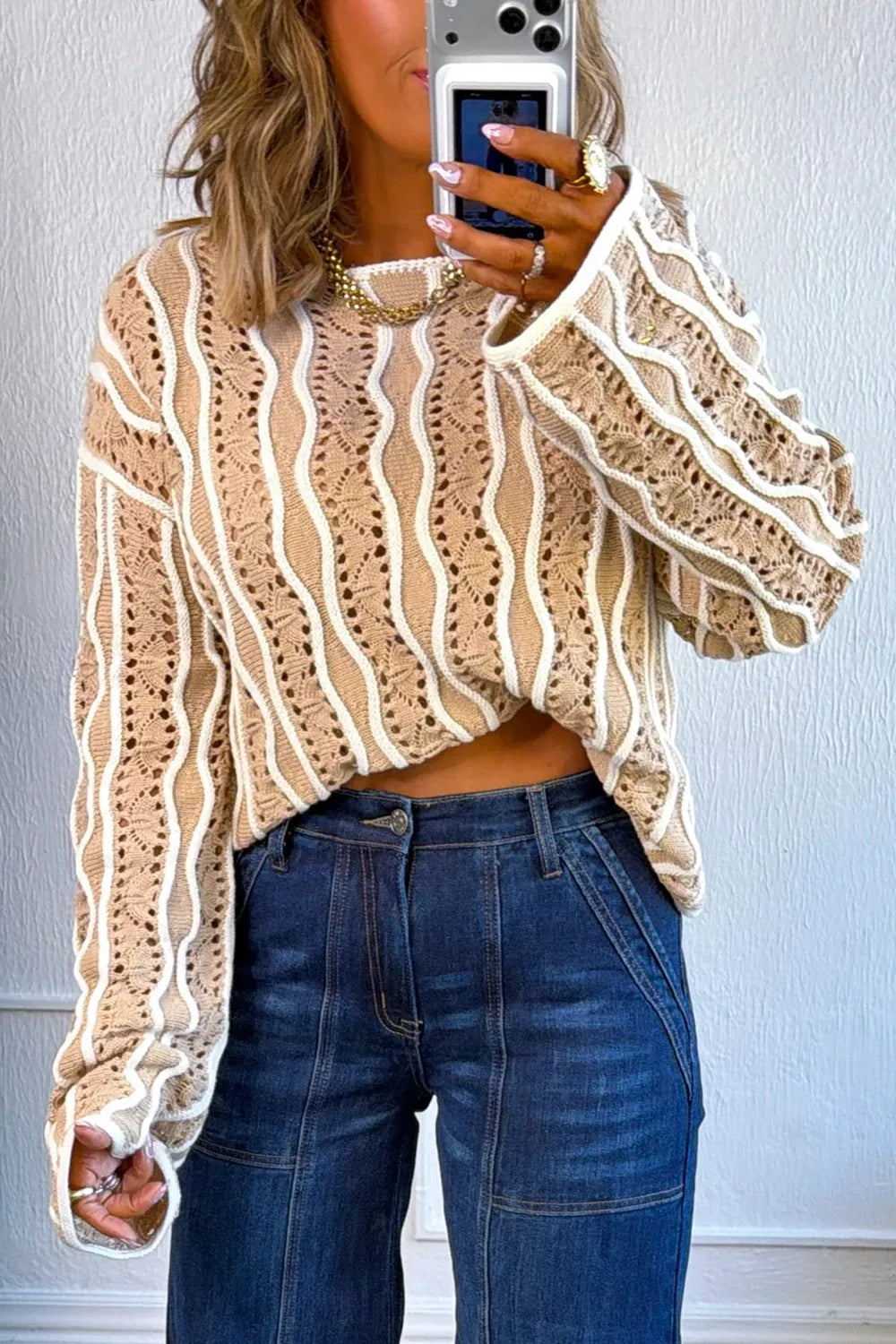 Contrast Wavy Striped Openwork Knit Top in Beige, side view