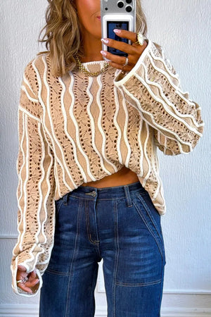 Contrast Wavy Striped Openwork Knit Top in Beige, side view