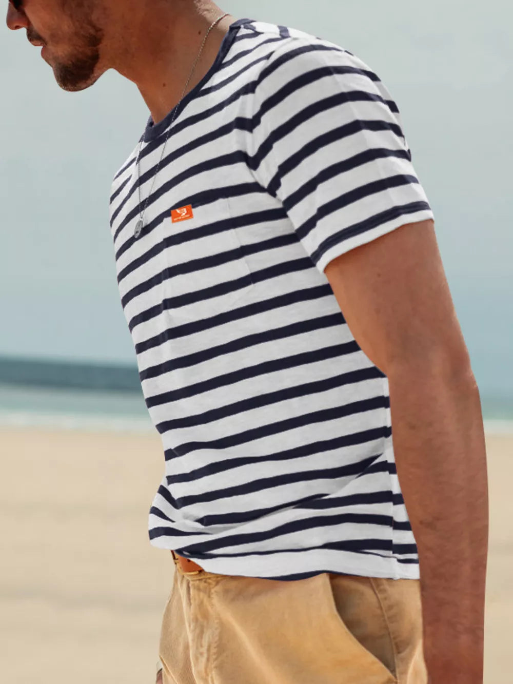 Men's Full Size Striped Pocket Short Sleeve T-shirt in Navy Blue, product detail