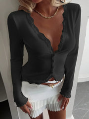 Black ribbed long sleeve top with button front and lace trim neckline and cuffs.