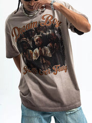 Khaki graphic t-shirt with puff sleeves and a "Dream Boy Faith Over Fear" print.