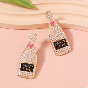 Champagne bottle drop earrings with pearls, pink heart, and PARTY TIME detail.