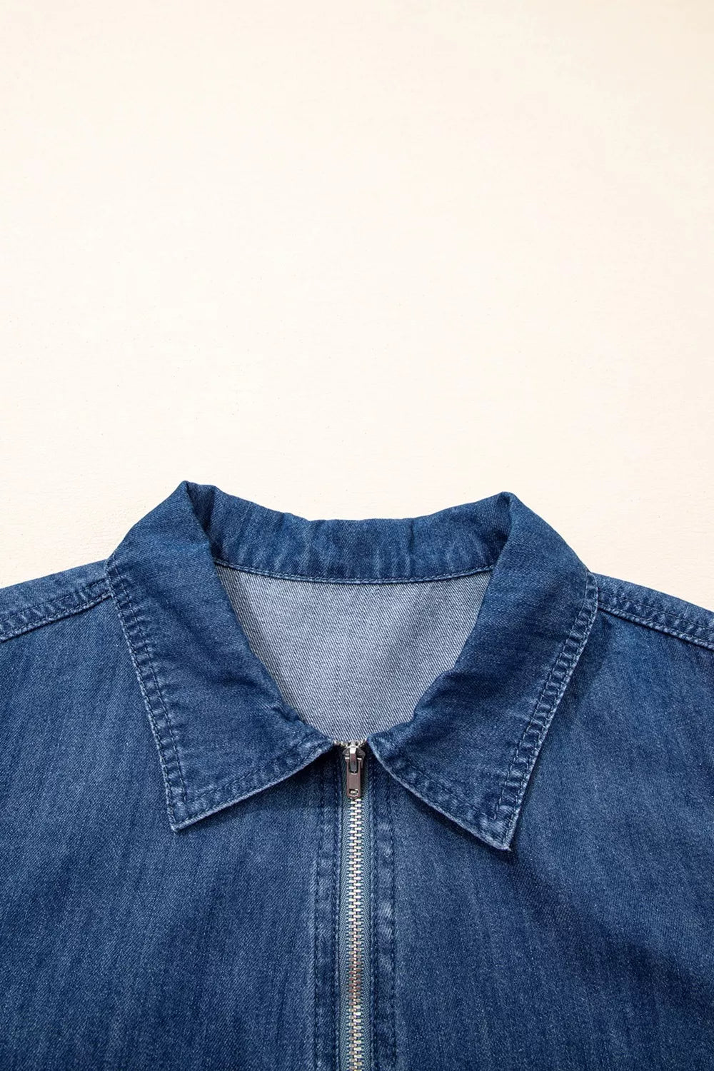 Collared denim shift dress with a silver zipper detail