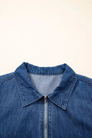 Collared denim shift dress with a silver zipper detail