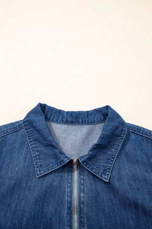 Collared denim shift dress with a silver zipper detail