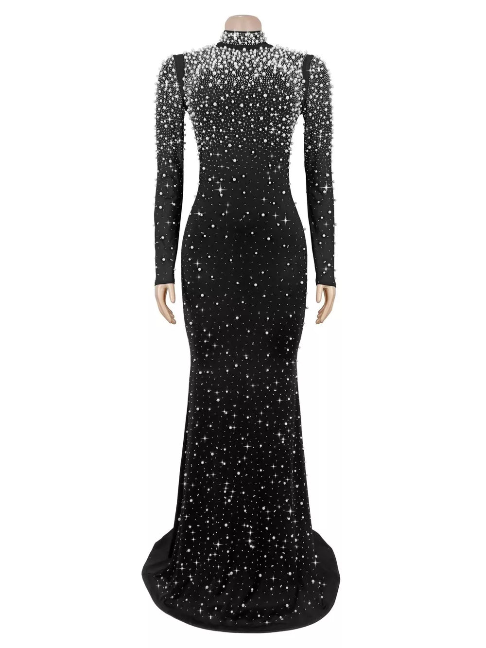 black formal gown with floor-length and back-zip