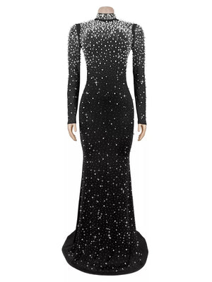black formal gown with floor-length and back-zip