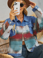 Southwestern denim jacket in dusty blue with a colorful geometric pattern and button front.