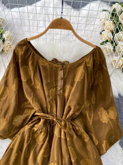 Brown chiffon maxi dress with floral embroidery, tie waist, and button-down front.