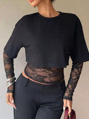 Lace Patchwork Short Sleeve T-shirt in Black, side view