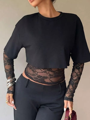 Lace Patchwork Short Sleeve T-shirt in Black, side view