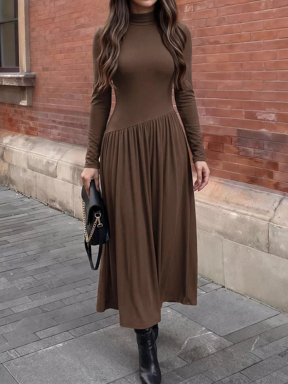 Mock Neck Long Sleeve Midi Dress, front view