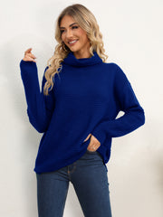 Dark Blue textured knit oversized turtleneck pullover sweater with a ribbed pattern and long sleeves.