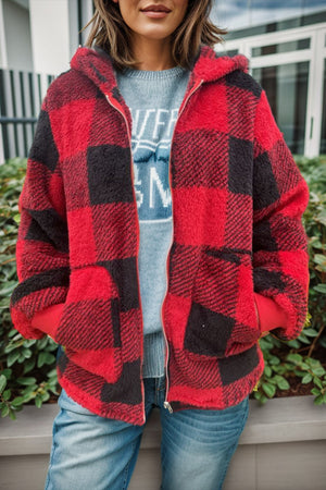 Red and black buffalo check sherpa zip-up jacket with hood and pockets