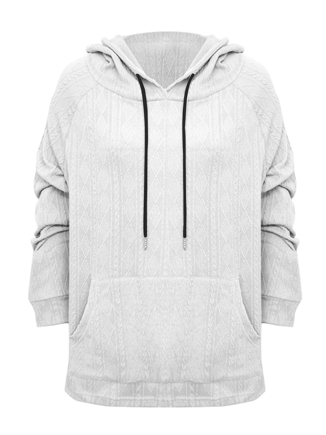 White textured knit raglan hoodie with drawstring and front pocket