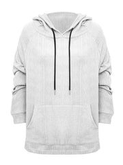 White textured knit raglan hoodie with drawstring and front pocket