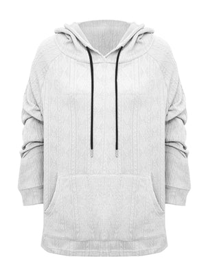 White textured knit raglan hoodie with drawstring and front pocket