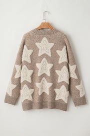 Textured starburst knit cardigan in mocha with cream stars, crew neck, long sleeves.