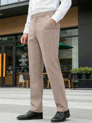 Men's khaki classic fit dress pants with pockets, straight leg, textured fabric.