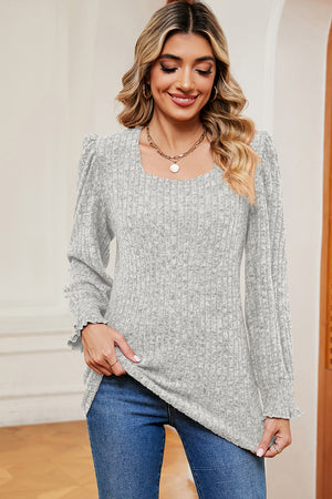Light Gray ribbed tee with square neck, puff sleeves, and ruffled cuffs.
