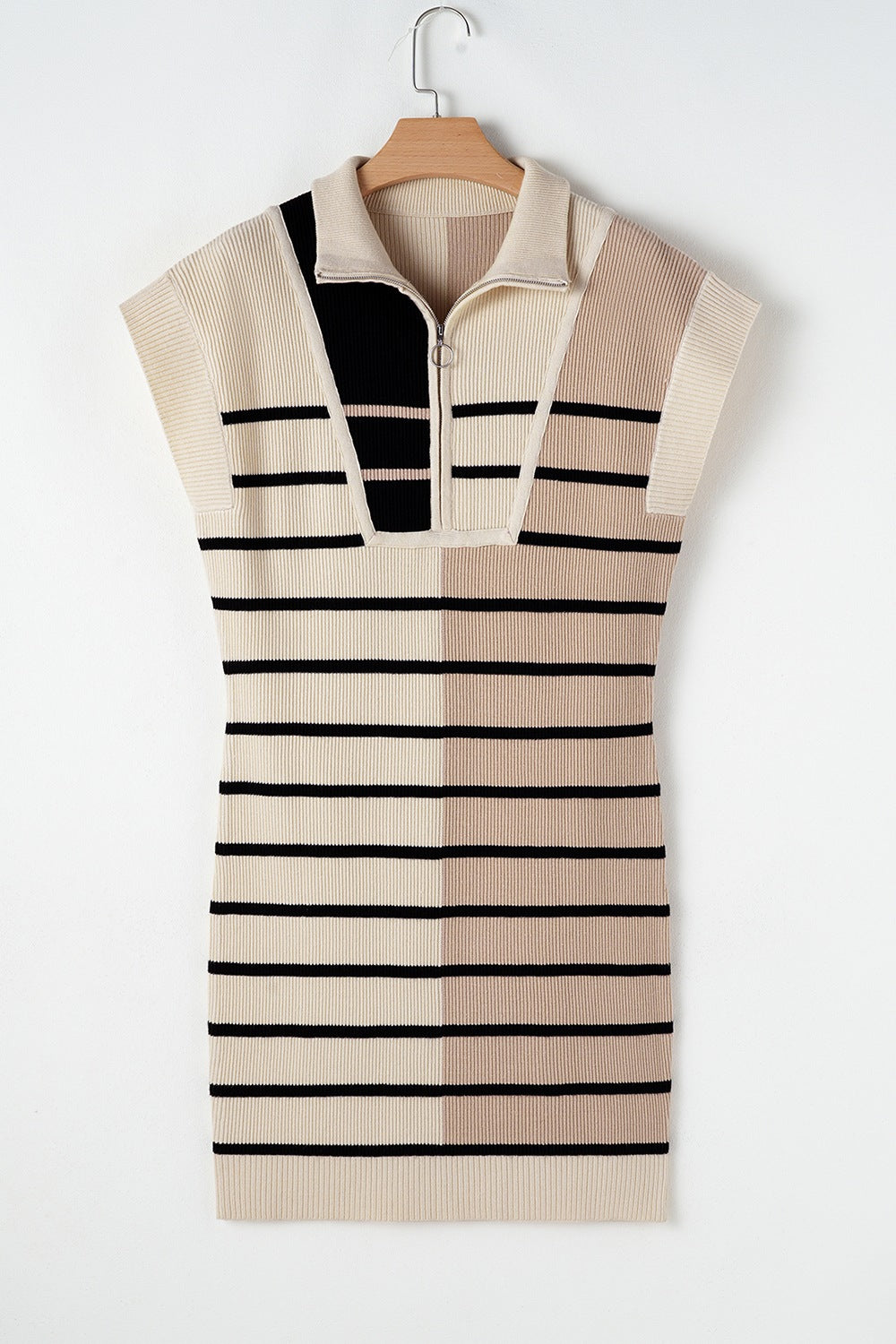 Colorblock ribbed mini dress with zip-neck and black stripes on beige and terracotta.