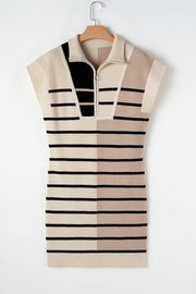 Colorblock ribbed mini dress with zip-neck and black stripes on beige and terracotta.