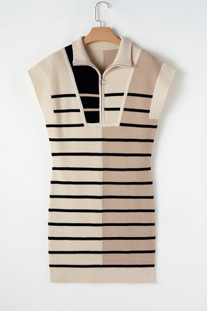 Colorblock ribbed mini dress with zip-neck and black stripes on beige and terracotta.