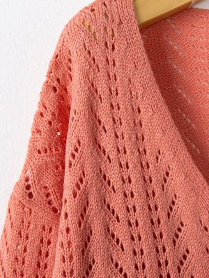Burnt Coral knit cardigan with openwork diamond pattern and textured sleeves.