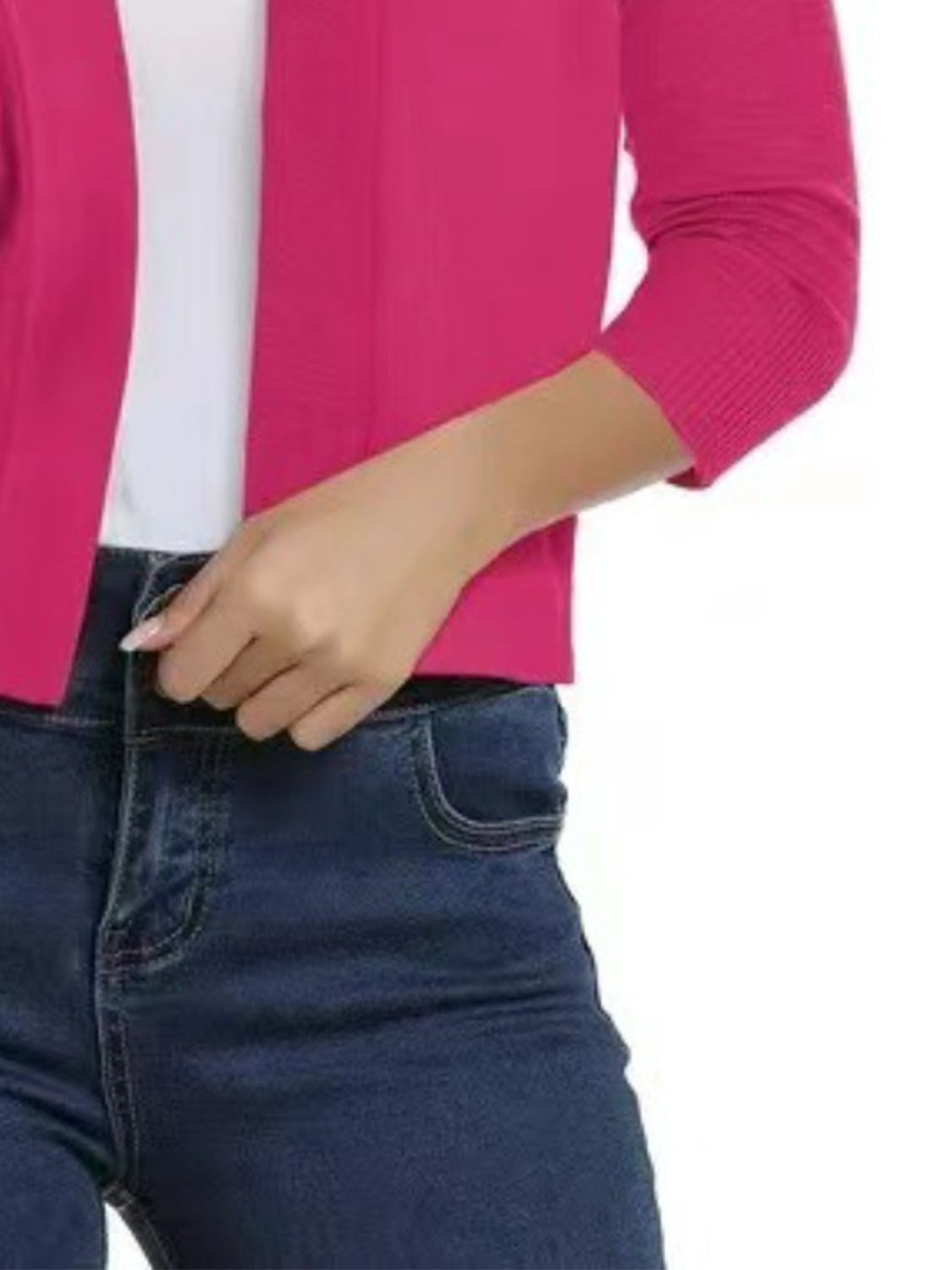 Open-front cropped cardigan in Deep Rose with elbow sleeves and ribbed cuffs.