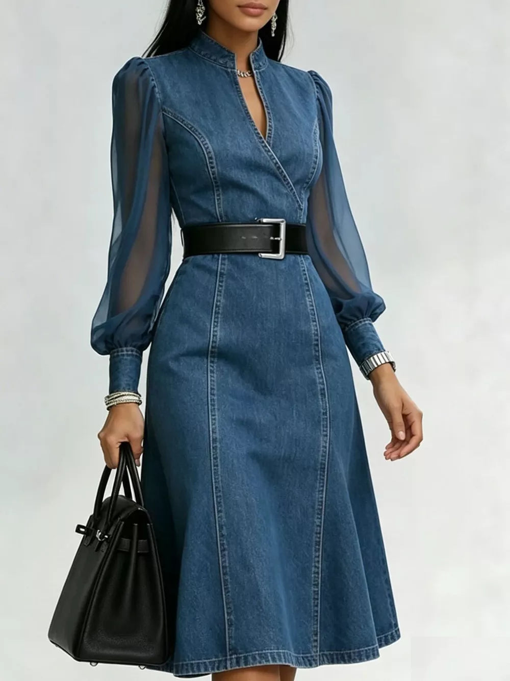 Denim midi dress with sheer puff sleeves, V-neck, and a black belt.
