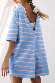 Relaxed V-neck Striped Romper With Pockets