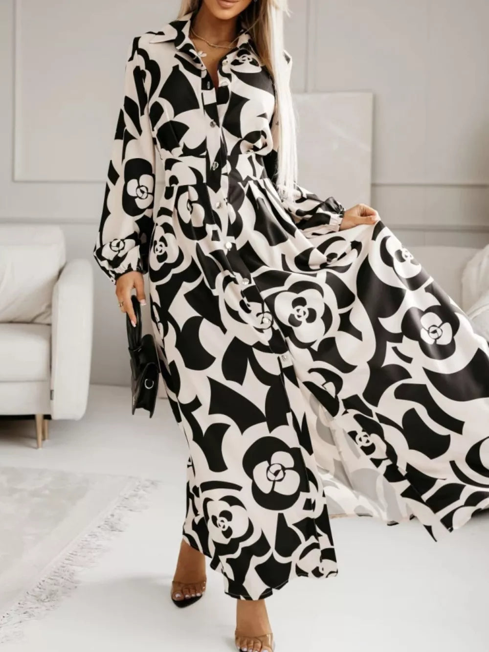 Long Sleeve Maxi Shirt Dress in Pastel Blue, fit detail