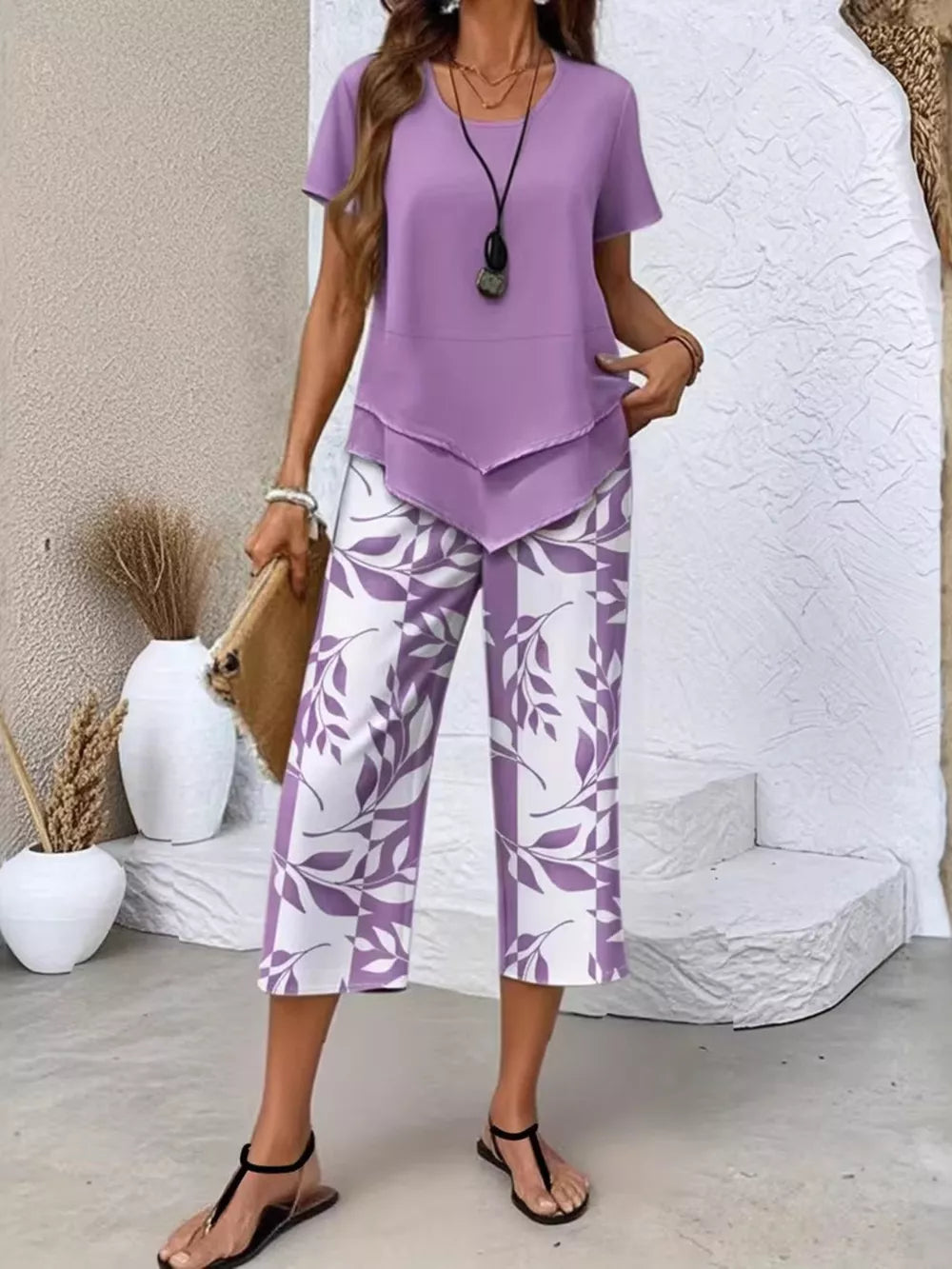 Chic Layered Top & Leaf Print Pants Set