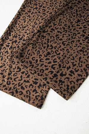 Leopard Print Elastic High Waist Corduroy Pants in Coffee Brown, editorial view