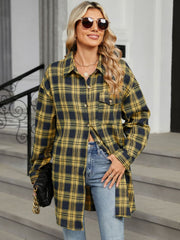 Oversized yellow and navy plaid shacket with button front and chest pockets.