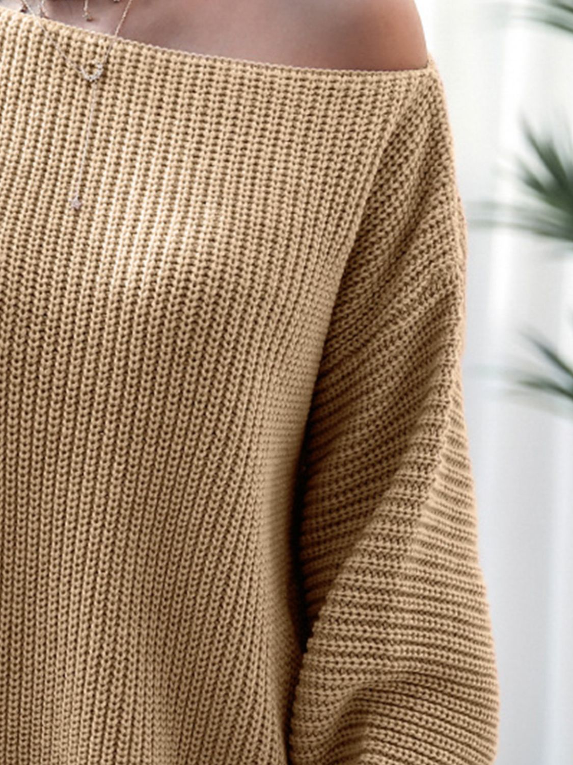 Off-shoulder ribbed knit mini dress in Khaki, 100% acrylic, with a casual, basic style.