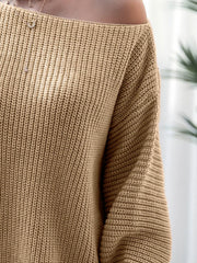 Off-shoulder ribbed knit mini dress in Khaki, 100% acrylic, with a casual, basic style.