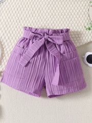 Violet ruffled ribbed toddler shorts with paperbag waist and bow tie.