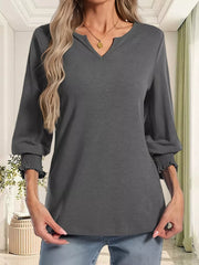 Dark Gray maternity t-shirt with notched neckline and ruched sleeves.