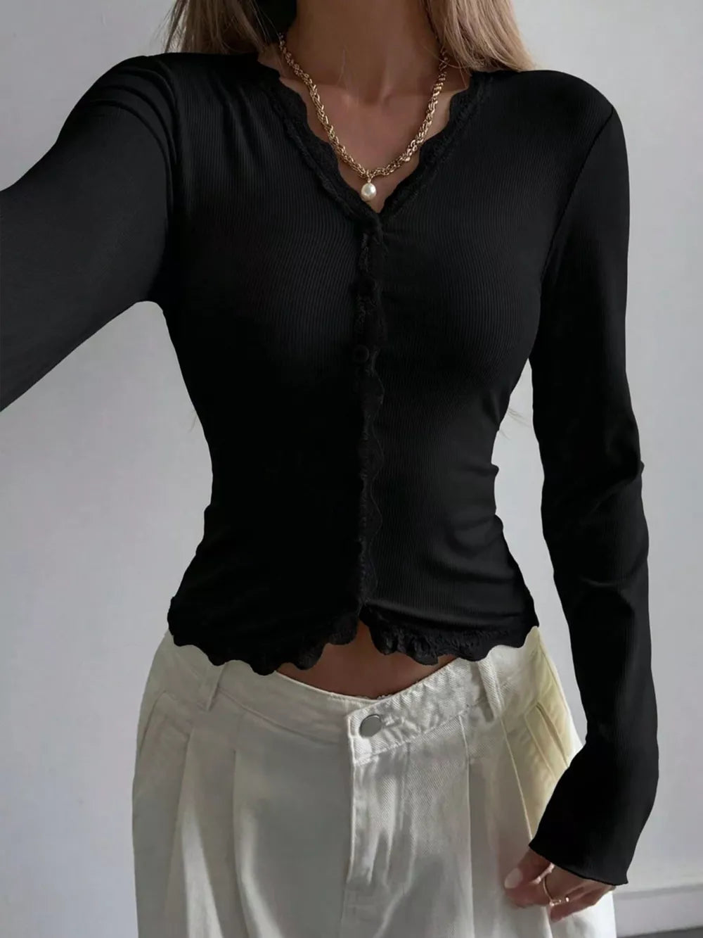 Lace Trim V-neck Ribbed Long Sleeve Blouse in Dark Blue, view 13