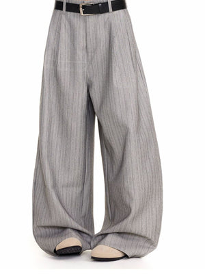 Men's grey pinstripe wide leg sweatpants with black belt