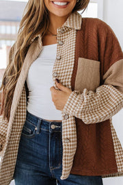 Panelled houndstooth quilted shacket in brown and tan with collared neckline and button front.