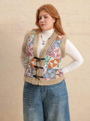 Patchwork sherpa vest with toggle closure and multicolor boho print.