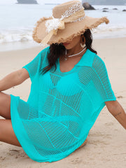 Aqua open-knit polo beach dress with short sleeves and a relaxed fit.