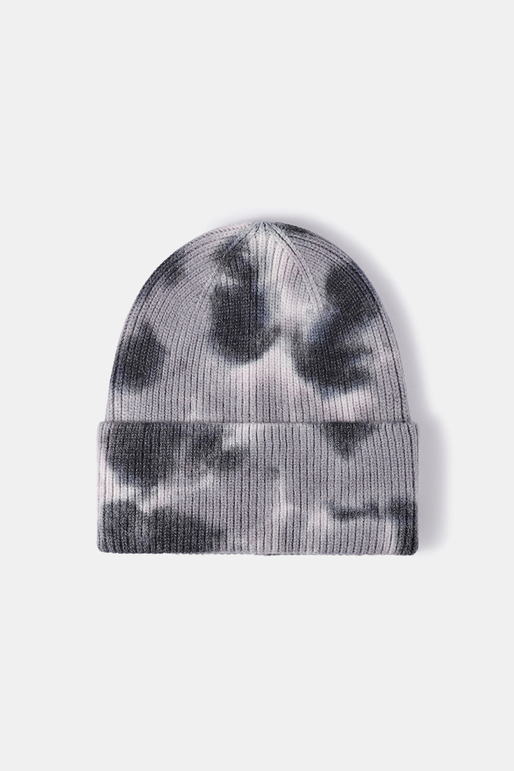Ribbed knit beanie in gray tie-dye pattern.
