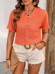Orange-Red eyelet henley top with button placket and short sleeves