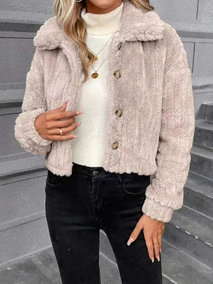 Textured teddy cropped button-up jacket in Dust Storm with button closure and collar.