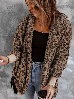 Leopard print plush hooded cardigan with open front and long sleeves.
