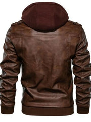 Brown leather hooded jacket with ribbed cuffs and hem.